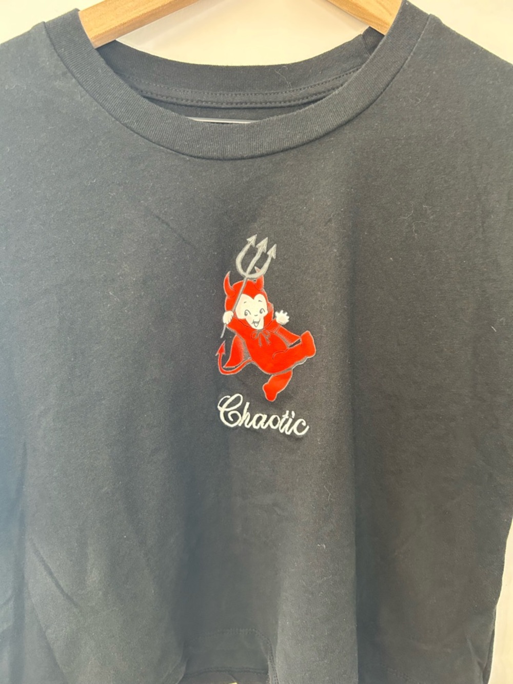 Kewpie Women’s Black Chaotic Little Devil Cropped T-Shirt, Size Small - Picture 3 of 5